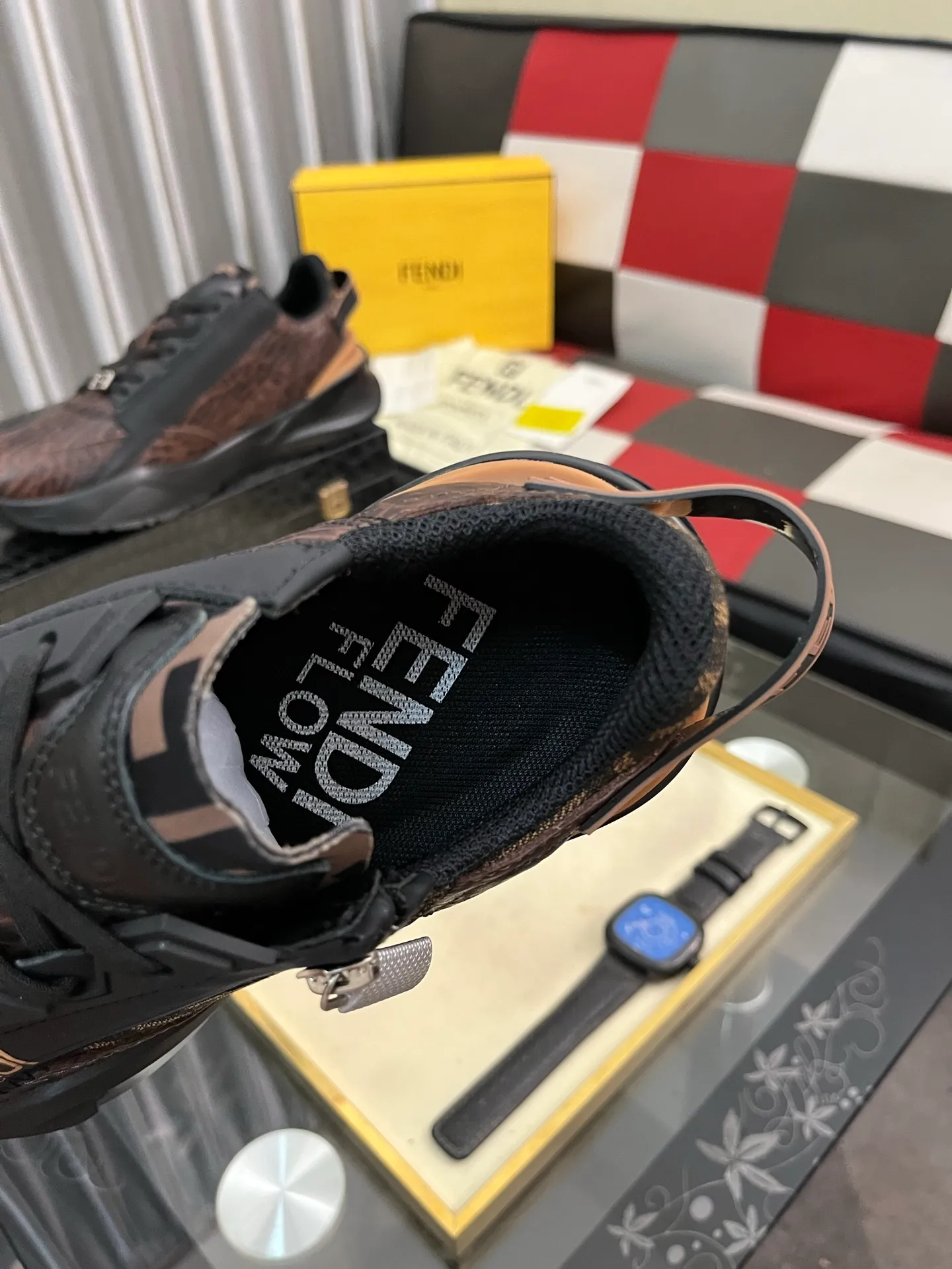Men's shoes 💰620⌚️⌚️ FEND* — Fendi Flow men's casual sneakers, with elastic straps, side zippers, and corrugated soles engraved with F. Embossed Fendi Flow lettering on the heel. Made of technical fabric and a mix of blue and genuine leather. Decorated with Lycra® details. FF graphic tongue. Ultra-light and wear-resistant EVA sole. Code number: 38-44